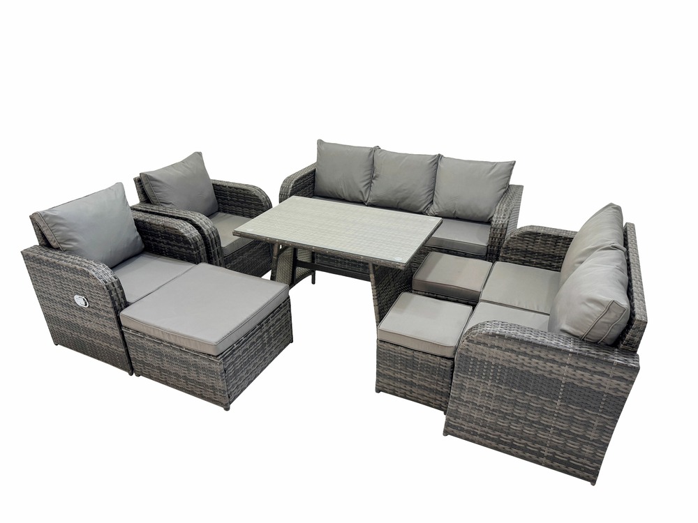 Salon de jardin exterieur 10 places ensemble de canapés en rotin avec table à manger 3 tabourets gris foncé mixte