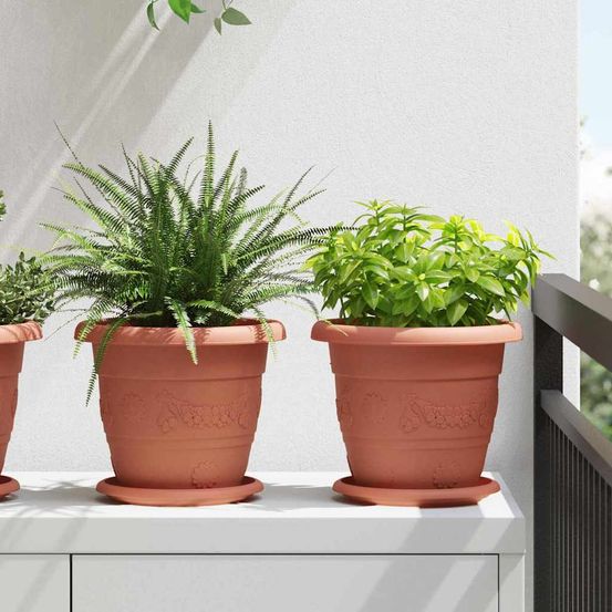Lot de 6 pots de fleurs ronds plastique intérieur extérieur avec drainage ø 22 cm rouge brique