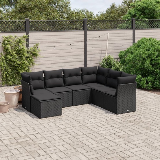 Salon de jardin 7 pcs avec coussins noir résine tressée
