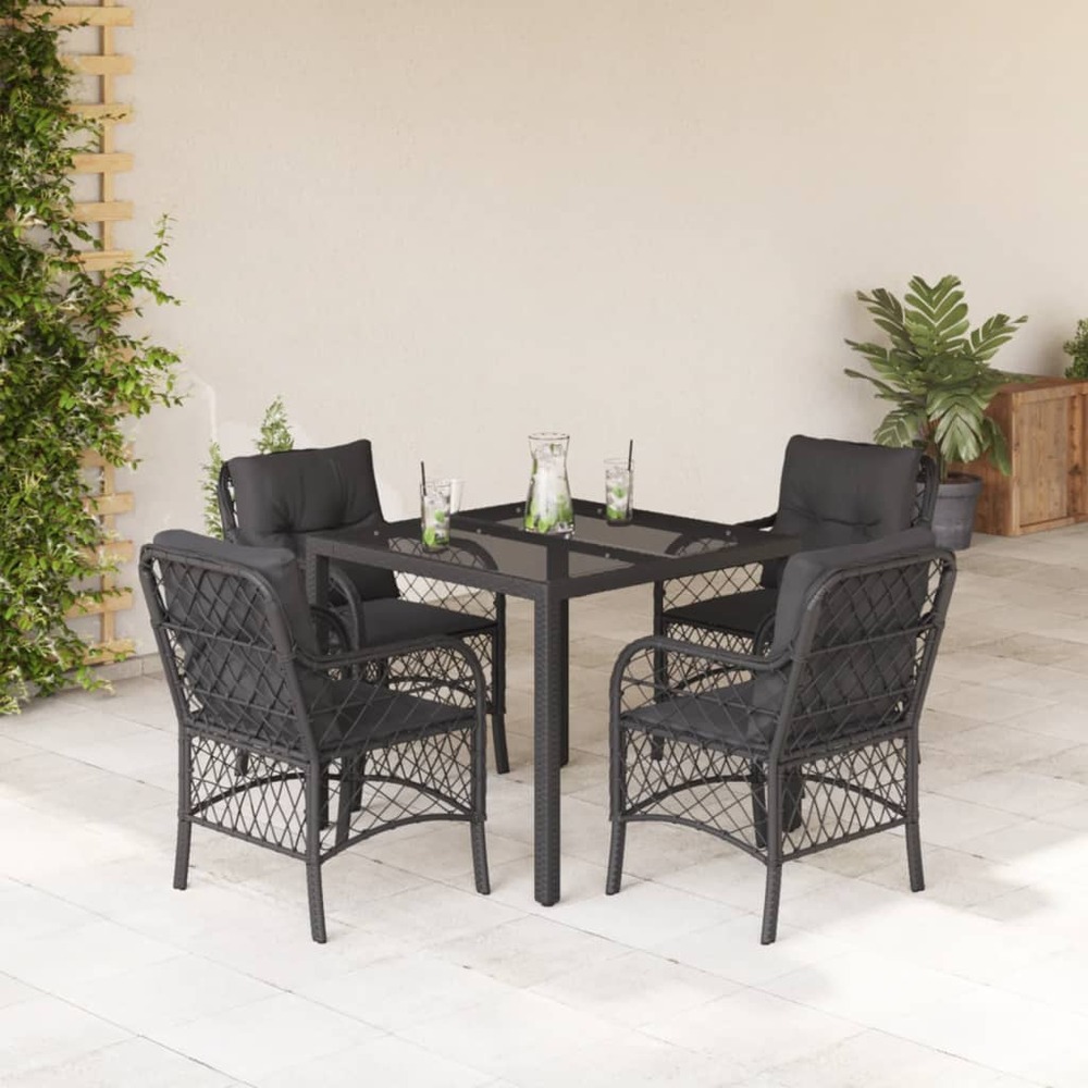 Ensemble à manger de jardin coussins 5pcs noir résine tressée