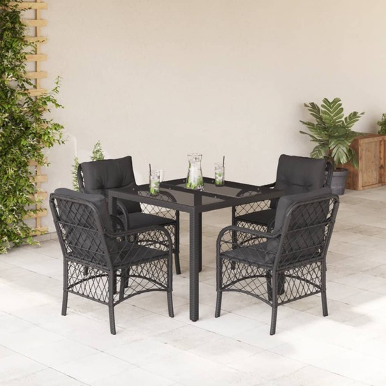 Ensemble à manger de jardin coussins 5pcs noir résine tressée