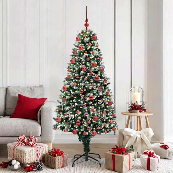 Sapin de noël artificiel 180 cm décoré avec 61 boules argent/bleu et guirlande 300 led intégrée