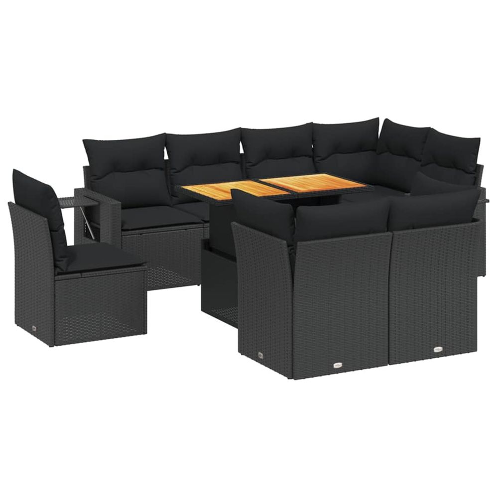 Salon de jardin 9 pcs avec coussins noir résine tressée