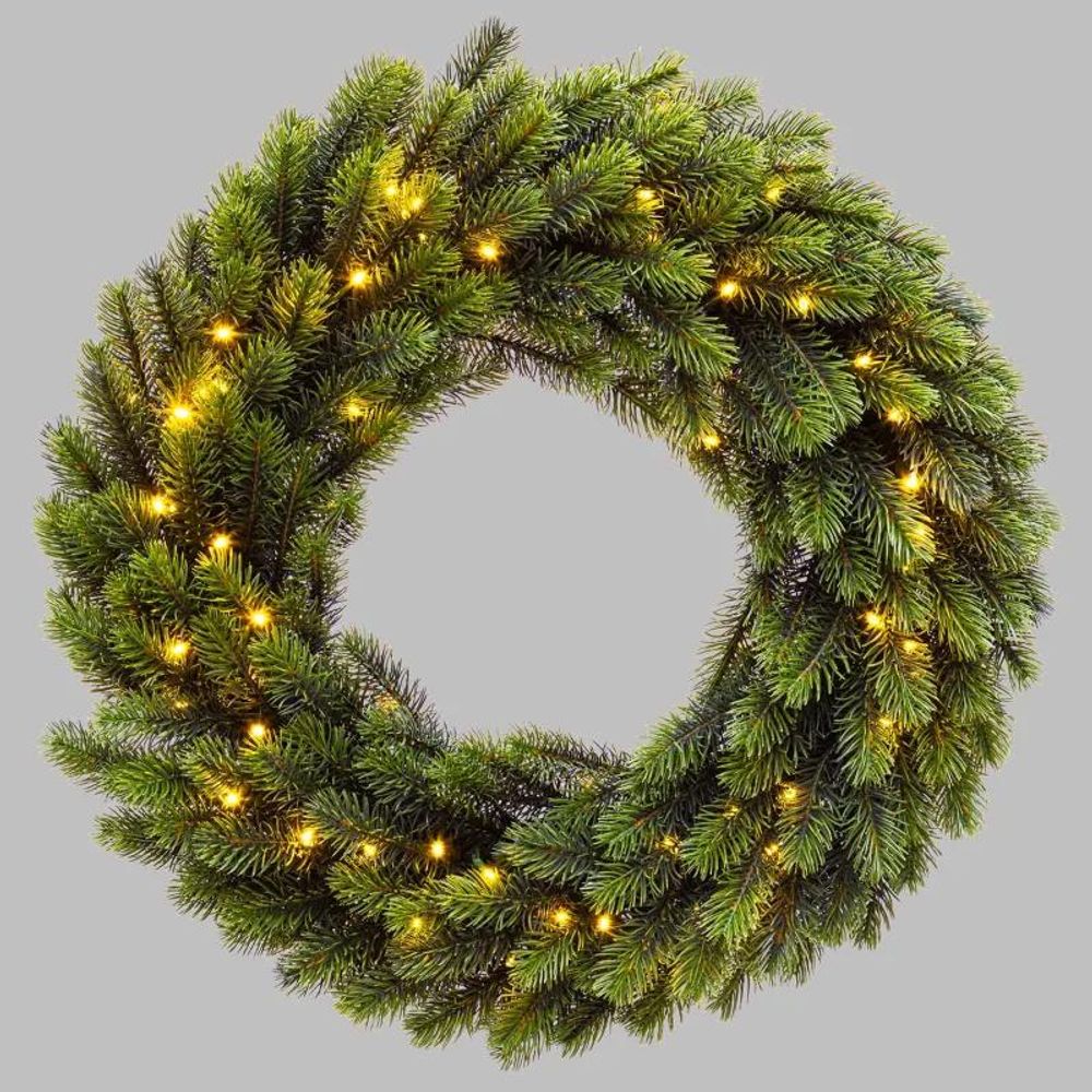 Couronne sapin artificiel de noël lumineuse prelit pe verte ø60cm 80 led blanc chaud fixe ip44 à piles - lotti