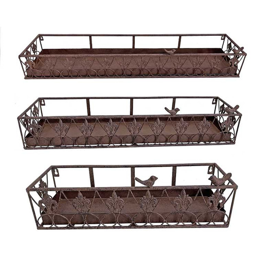 Ensemble 3 jardinières murales en fer marron vieilli avec oiseaux et lys 16x16x50cm