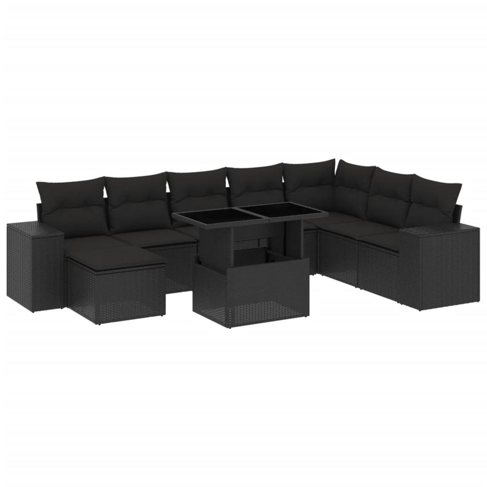 Salon de jardin 9 pcs avec coussins noir résine tressée