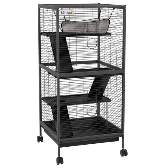 Cage chinchilla métal 3 niveaux sur roues avec plateau 52x52x113.5cm gris