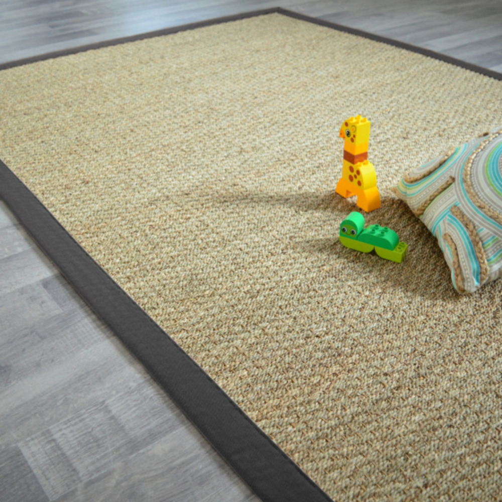 Tapis jonc de mer - varana panama - ganse coton anthracite - 200 x 200 cm