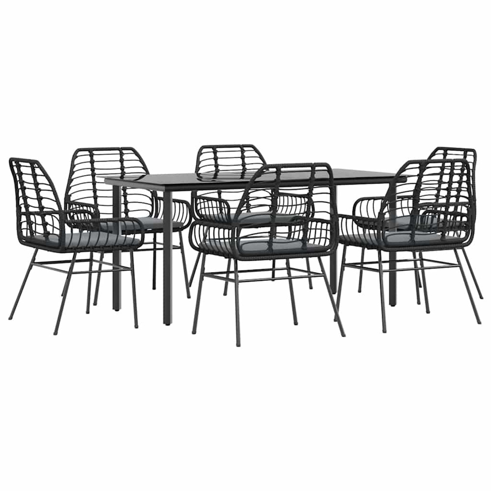 Ensemble à manger de jardin coussins 7pcs noir poly rotin verre