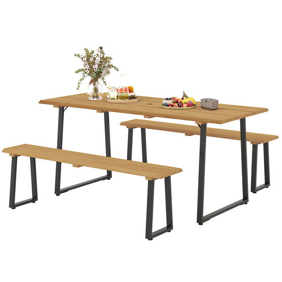 Salon de jardin bois 3 pièces : table à manger + 2 bancs, trou parasol, 178x76x77 cm, bois naturel