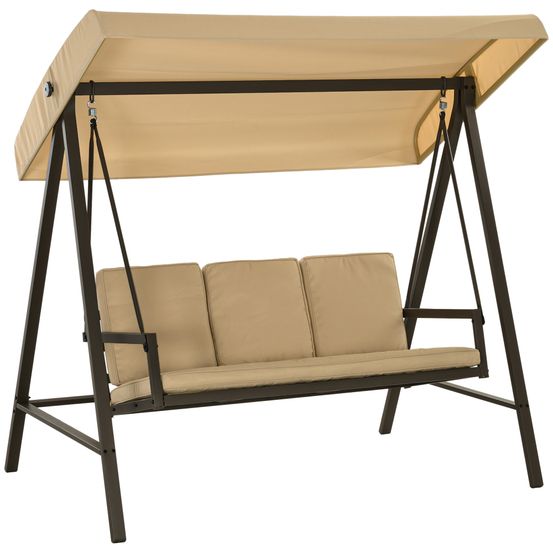 Banc à balançoire de jardin hollywood swing, auvent solaire réglable, 200 cm x 125 cm x 175 cm, beige + marron
