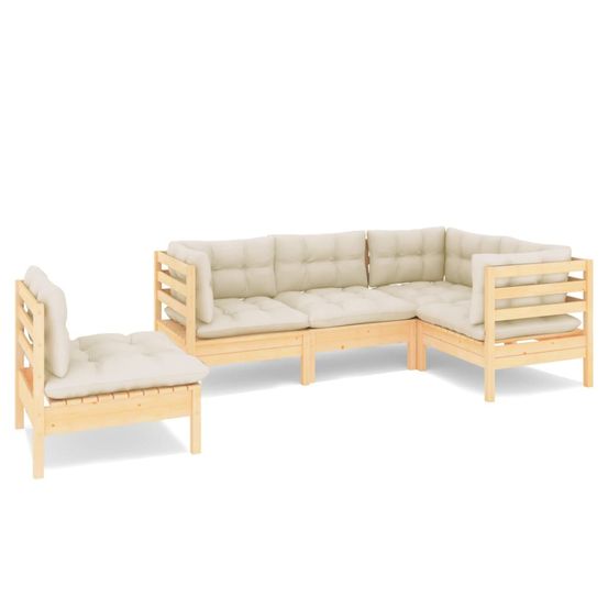 Salon de jardin 5 pcs avec coussins crème bois de pin