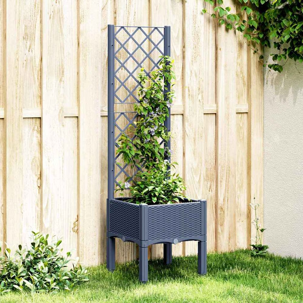 Jardinière carrée avec treillis pp aspect rotin pour balcon bleu gris 40x40cm