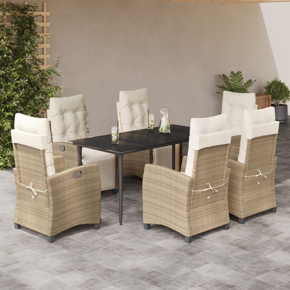 Ensemble à manger de jardin et coussins 7 pcs beige poly rotin