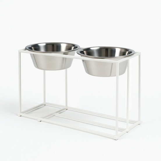 Arum - set de 2 gamelles surélevées pour grand chien en acier et socle design métal blanc, 42,5x21x25,5cm