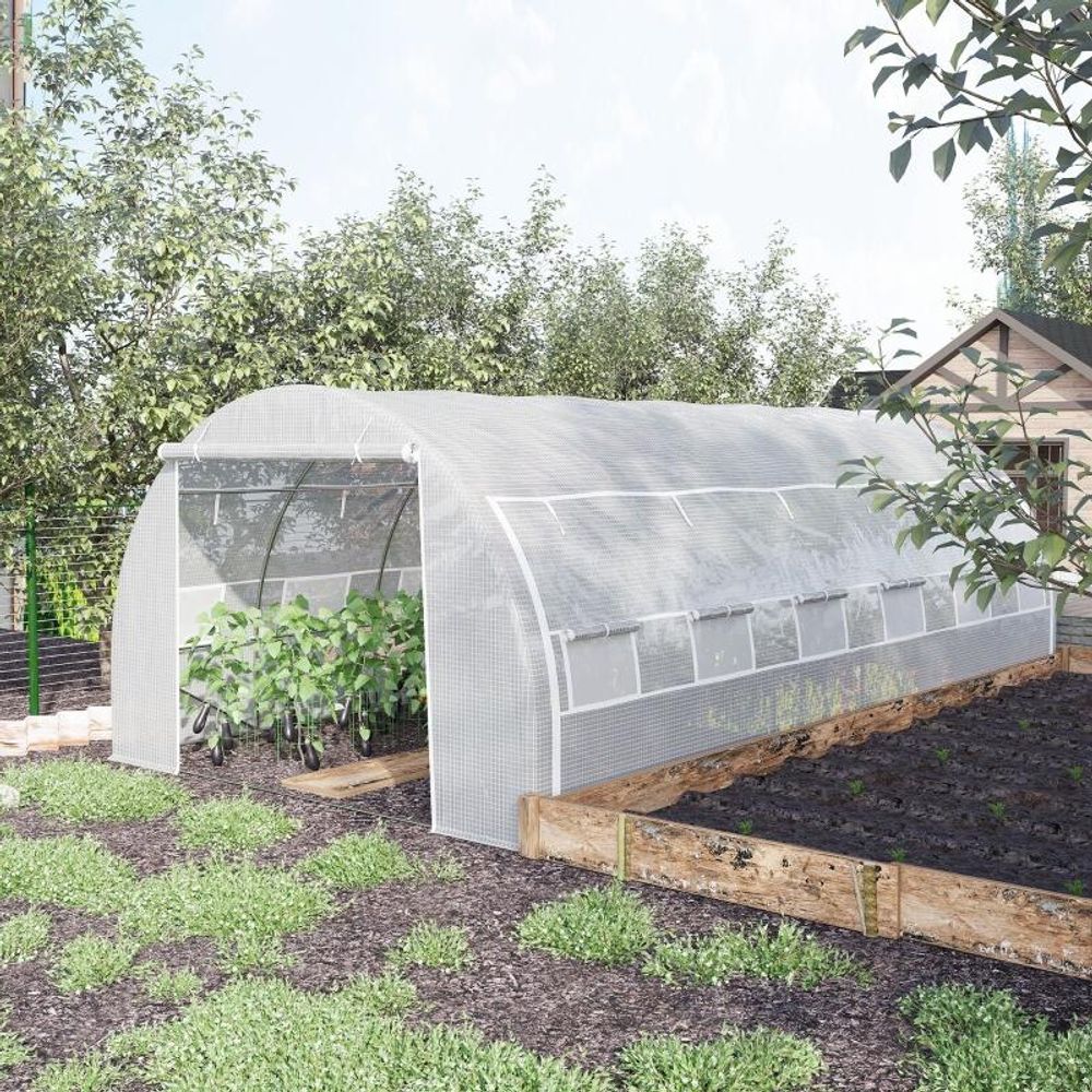 Très grande serre tunnel 18m² acier galvanisé 12 fenêtres et parois enroulables 6x3x2m blanc - comfortxl outdoor living