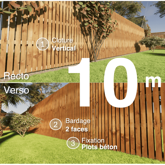 Kit clôture bois moderne 10m – h 2,3m – 20 x 70 mm autoclave marron – pose vertical – double face – à sceller