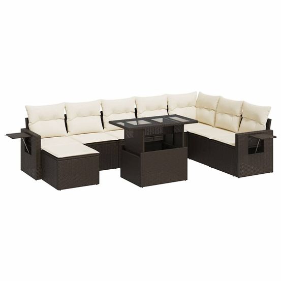 Salon de jardin avec coussins 9 pcs marron résine tressée
