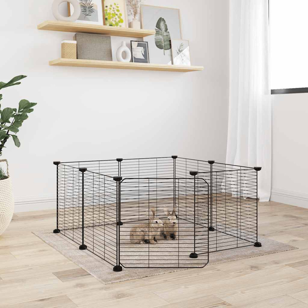 Cage pour animaux de compagnie à 8 panneaux avec porte, noire, 70 x 70 x 35 cm, acier