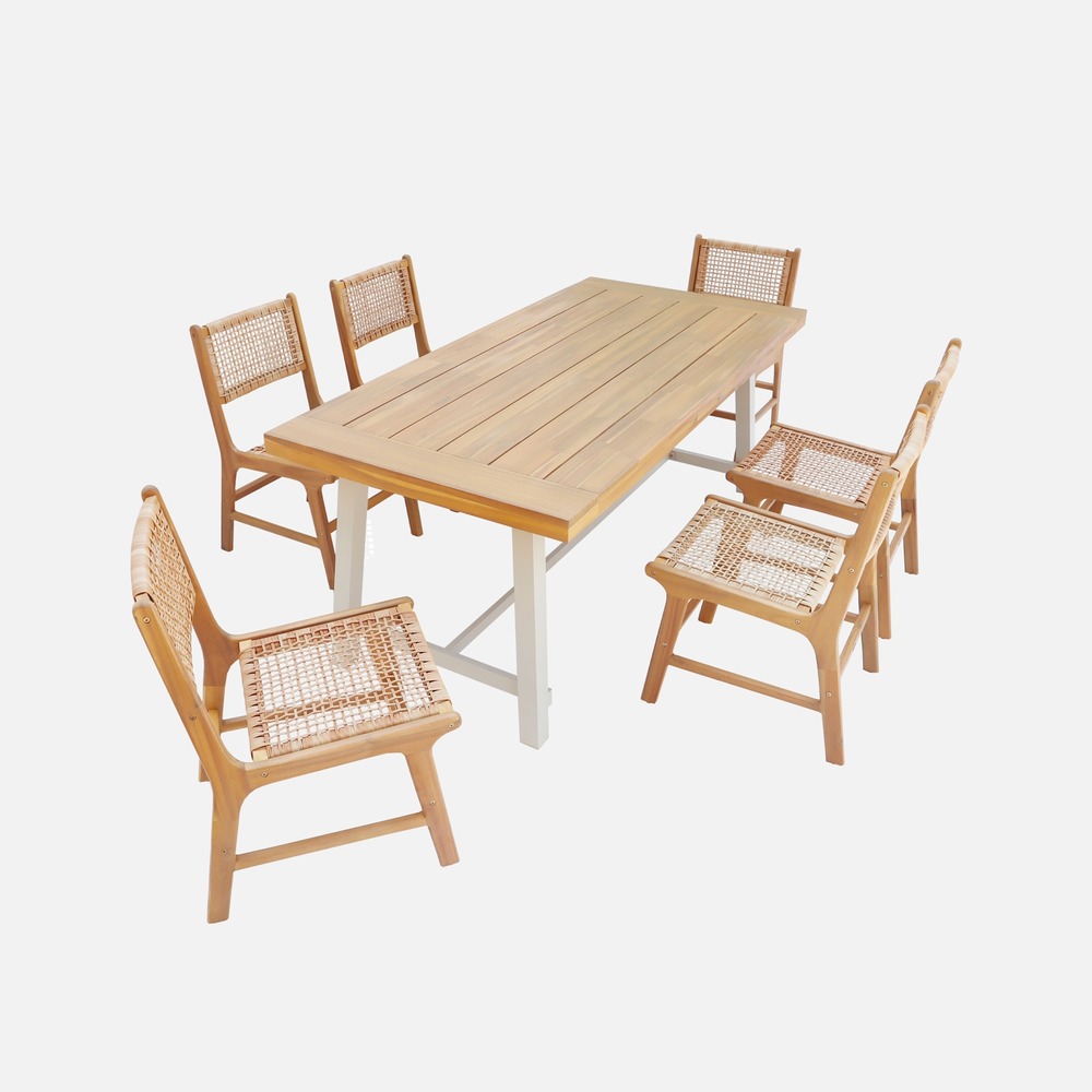 Table intérieur/extérieur bois d'acacia et métal 6 chaises résine tressée