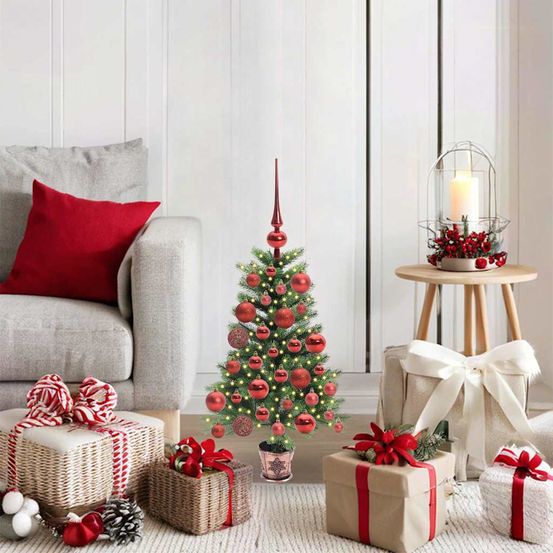 Sapin artificiel vert 65 cm en pe, guirlande 150 led intégrée et 61 boules, 8 modes lumineux