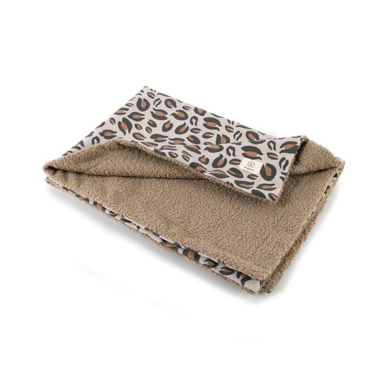 Montaigne - couverture pour chien / chat, bi-face en tissu motif léopard sable sauvage et bouclette beige, 95x68cm