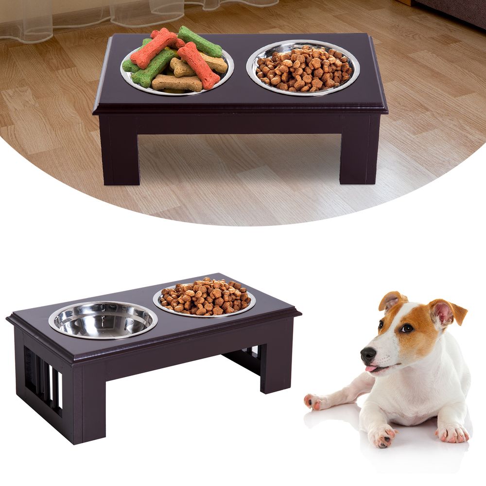 Gamelle chien surélevée inox et mdf 44 x 24 x 15 cm espresso 2 bols 0,9 l petits chiens et chats repas eau