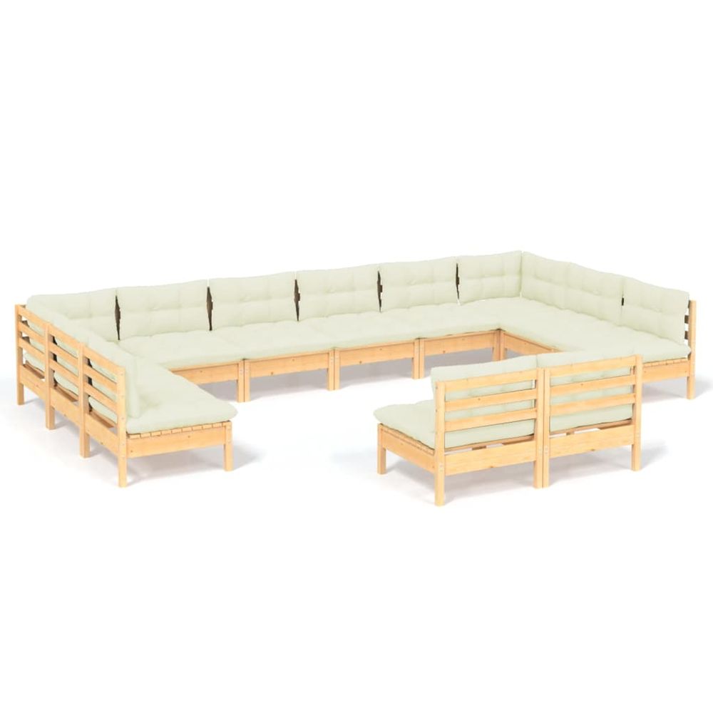 Salon de jardin 12 pcs avec coussins crème bois de pin massif