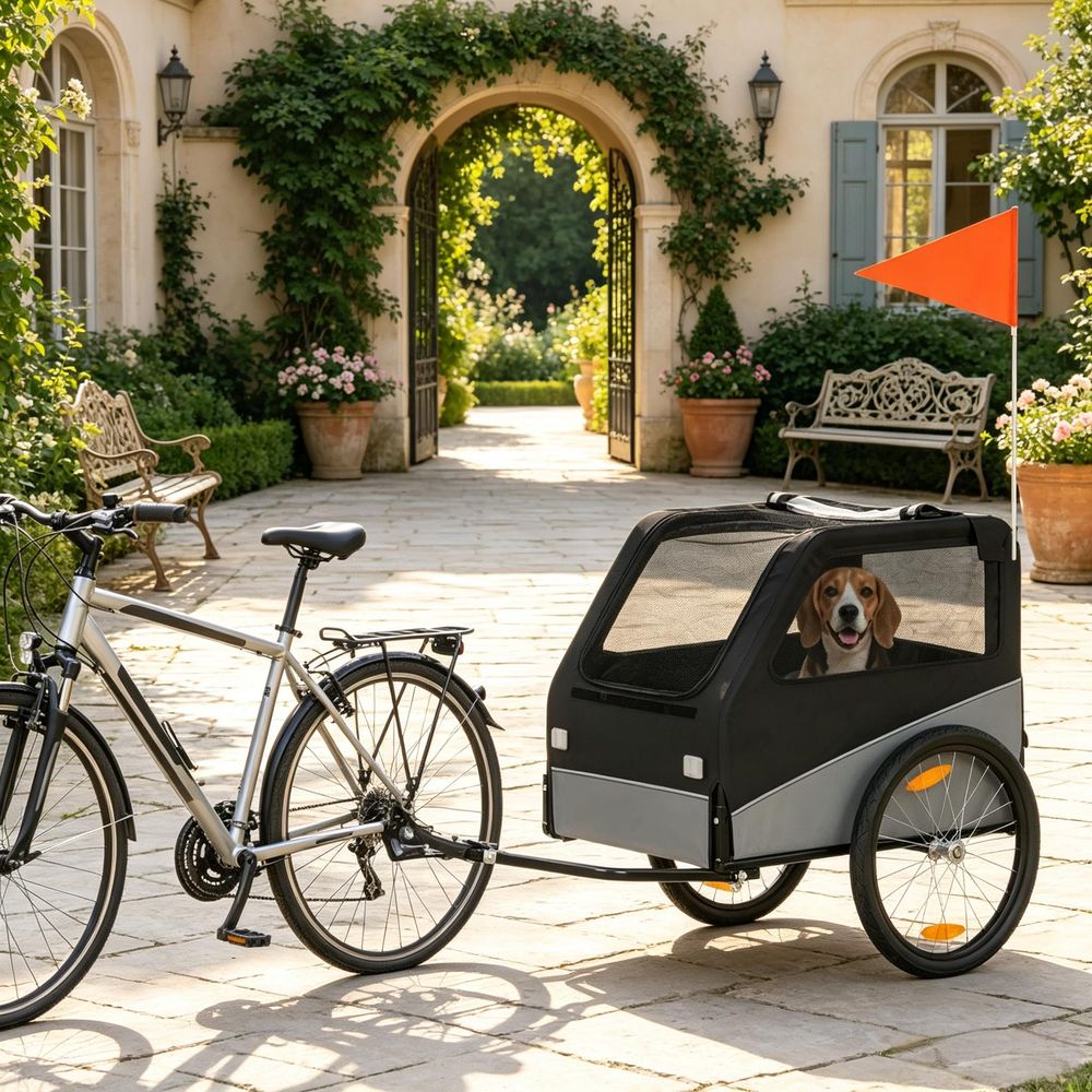 Remorque vélo chien tissu oxford noir gris roues 20 pouces sécurité voyage