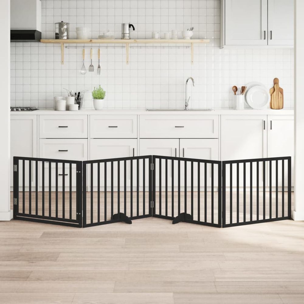 Parc barrière chien modulable 4 panneaux bois avec porte intérieur noir 320x60 cm