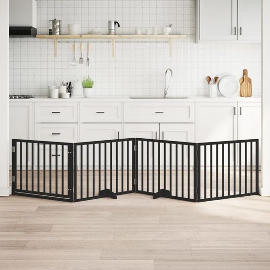 Parc barrière chien modulable 4 panneaux bois avec porte intérieur noir 320x60 cm