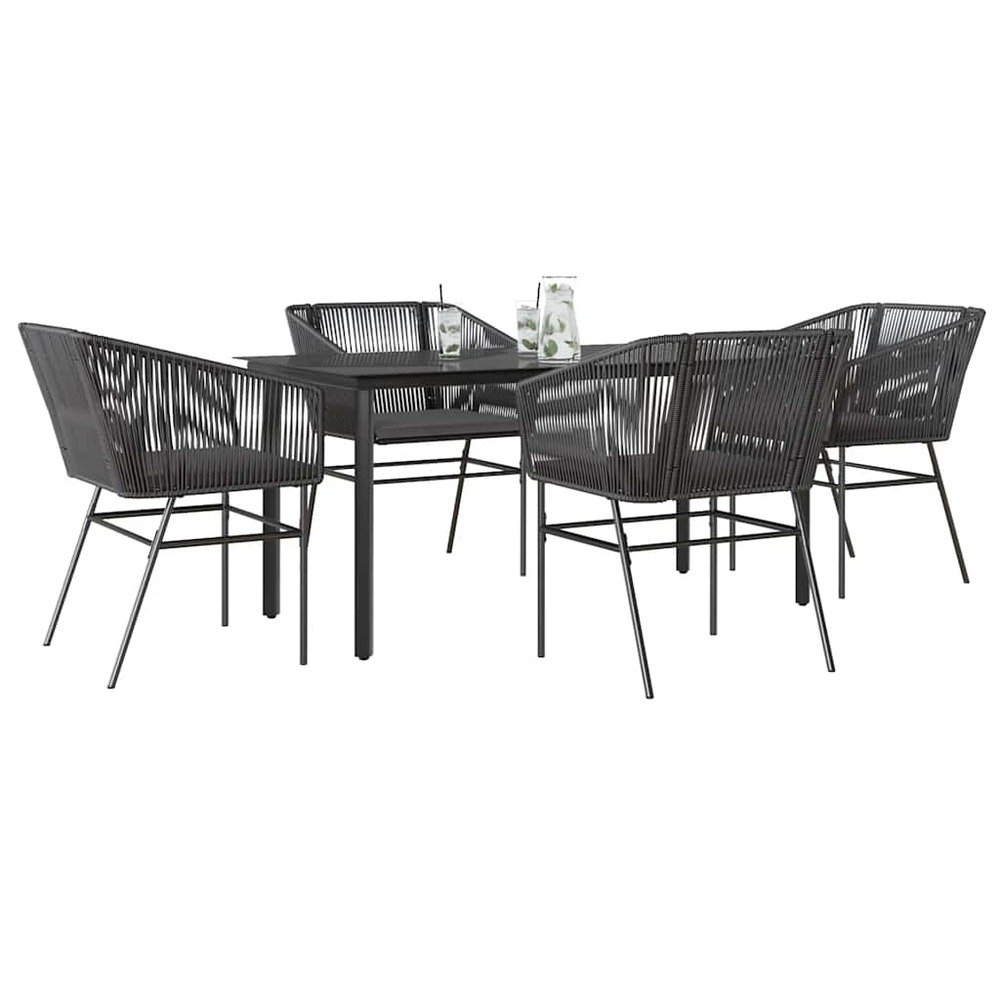Ensemble à manger de jardin et coussins 5 pcs noir rotin verre