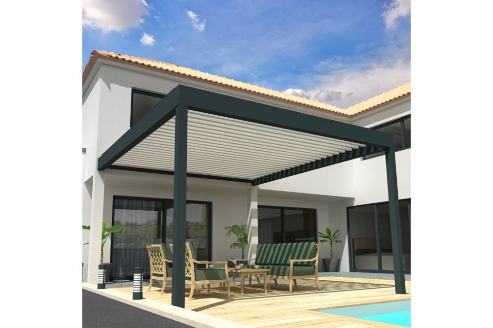 Pergola bioclimatique cocoon xl mixte gris anthracite / blanc 4,50x3,060m verin