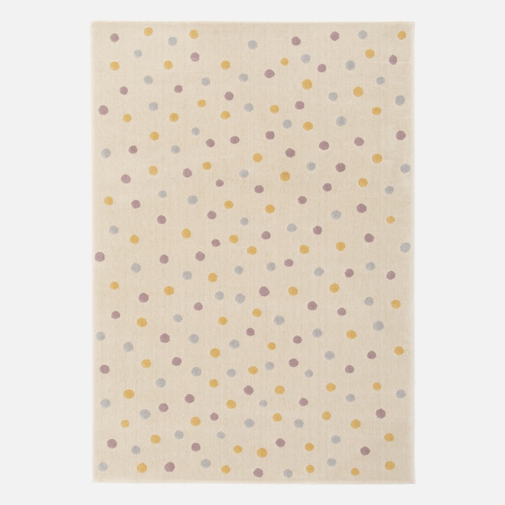 Tapis enfant à pois, tapis intérieur crème, bleu, jaune et violet, poils ras 120 x 170cm