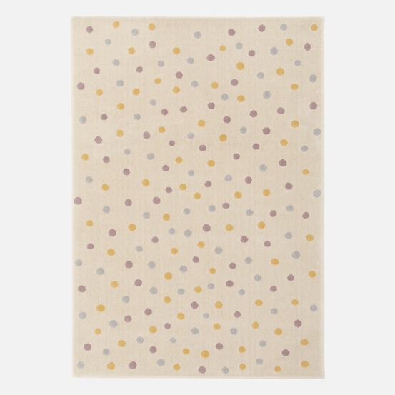 Tapis enfant à pois, tapis intérieur crème, bleu, jaune et violet, poils ras 120 x 170cm