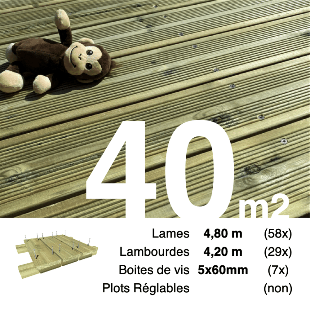 Kit terrasse pin autoclave vert pour 40 m², lames 4,8 m, lambourdes 4,2 m et visserie inox.
