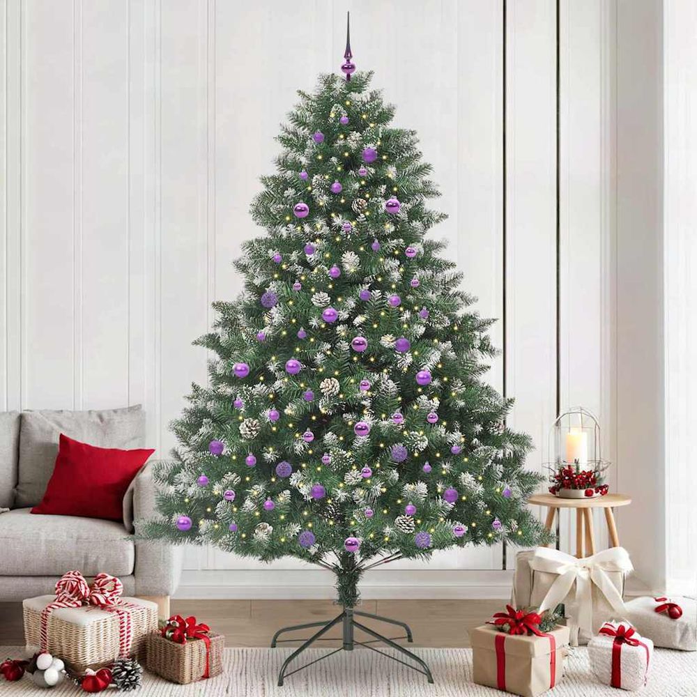Grand sapin artificiel décoré 240cm, vert 2180 têtes, avec guirlande 300 led et pommes de pin