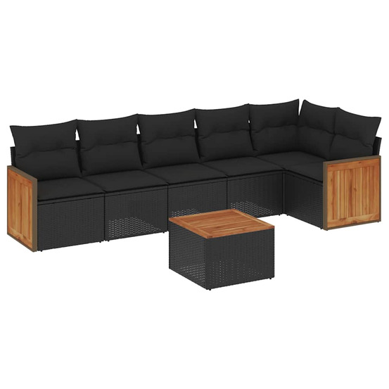 Salon de jardin 7 pcs avec coussins noir résine tressée