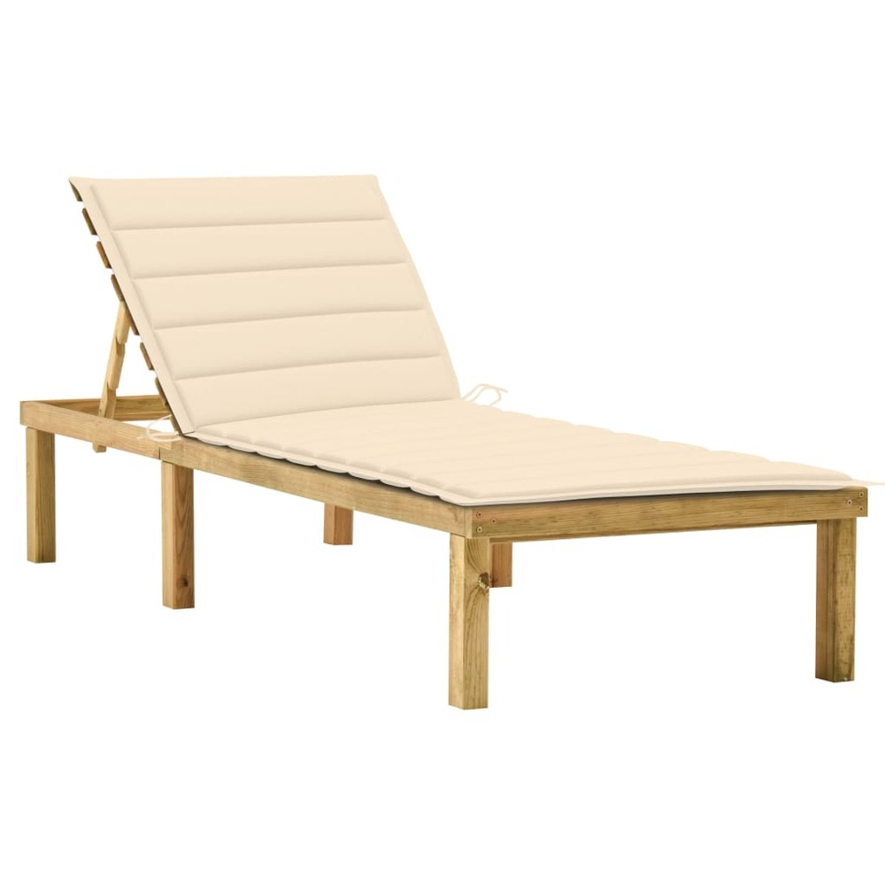 Transat chaise longue bain de soleil lit de jardin terrasse meuble d'extérieur avec coussin crème bois de pin imprégné 02_001