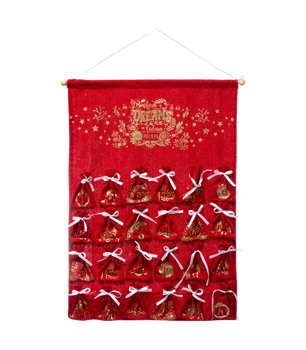 Déco de noël calendrier de l'avent en tissu rouge avec 24 pochons h 65 cm