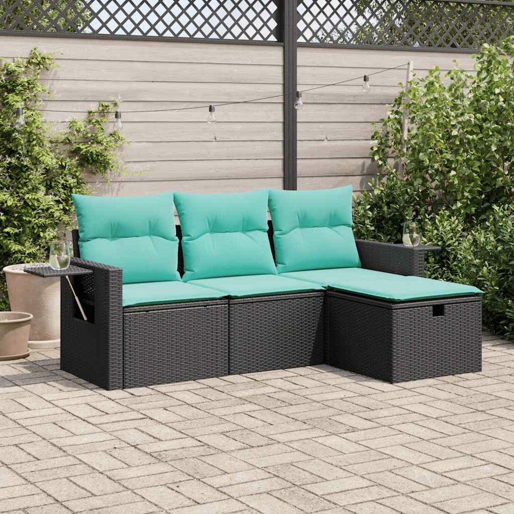 Salon de jardin 4 pcs avec coussins noir résine tressée