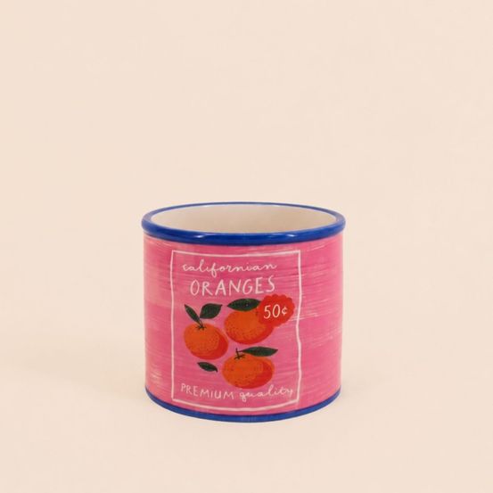 Cache-pot fruits en céramique rose liseret bleu 11x13cm