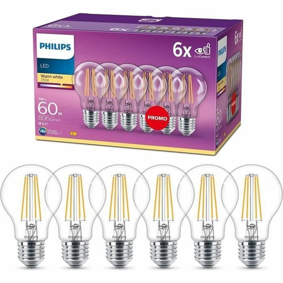 6 ampoules e27 led transparentes 60w, blanc chaud