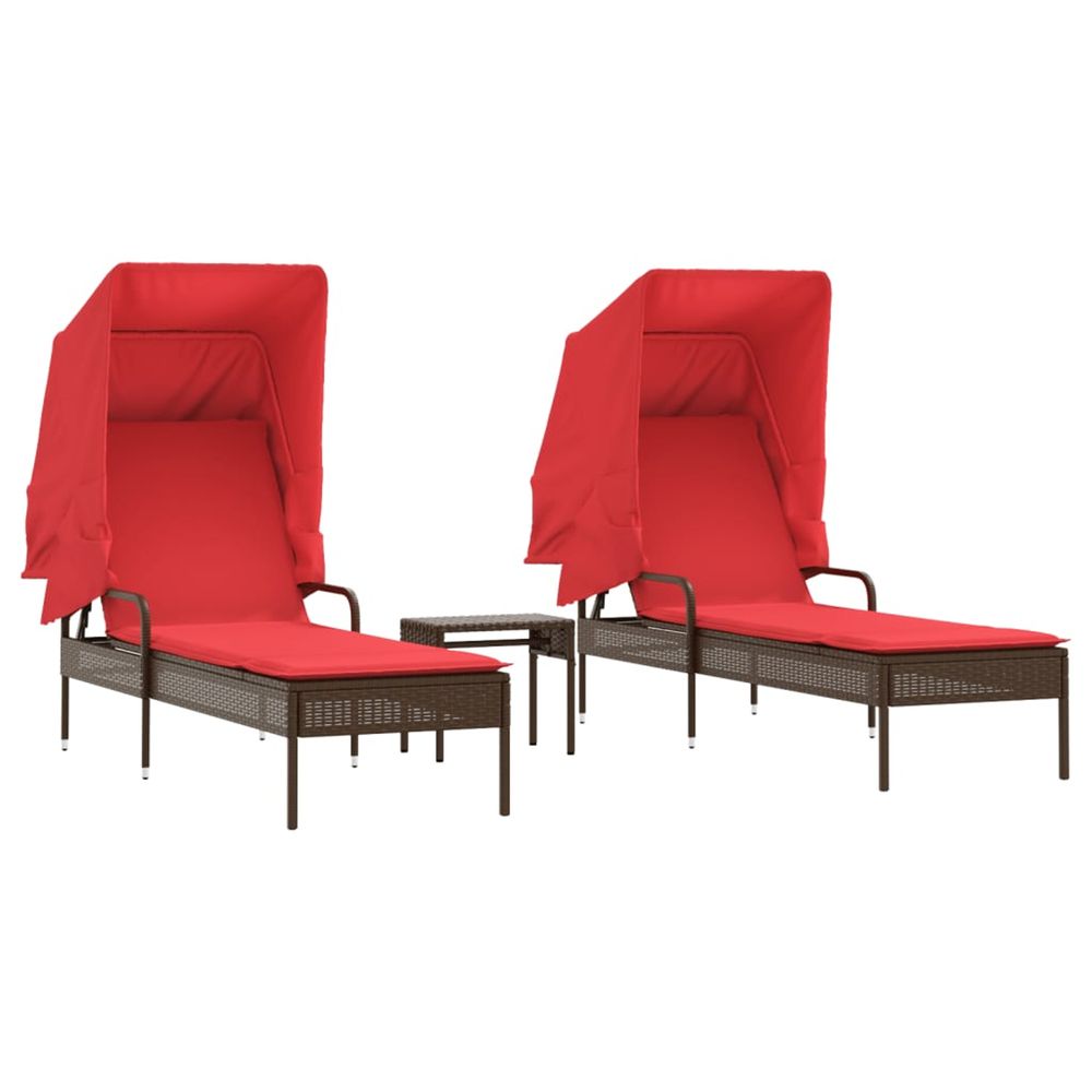 Chaises longues lot de 2 et auvents et table marron poly rotin