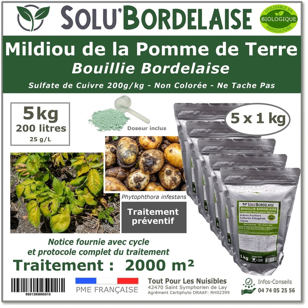 Solu'bordelaise - 5 kg de bouillie bordelaise - mildiou de la pomme de terre - utilisable agriculture biologique - 5 sachetsde 1kg