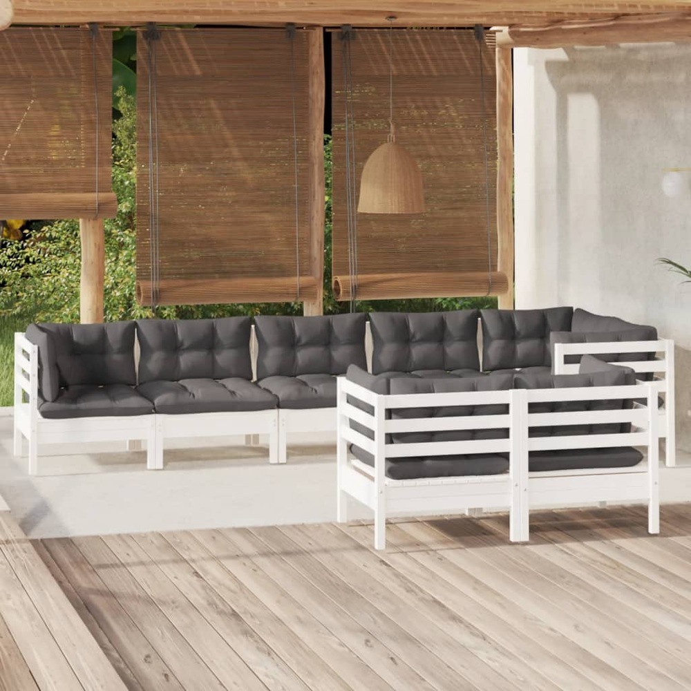 Salon de jardin 8 pcs avec coussins blanc bois de pin massif