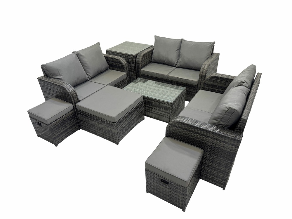 Ensemble de meubles de jardin en polyrotin 9 places avec table basse rectangulaire canapé d'amour 3 tabourets table d'appoint