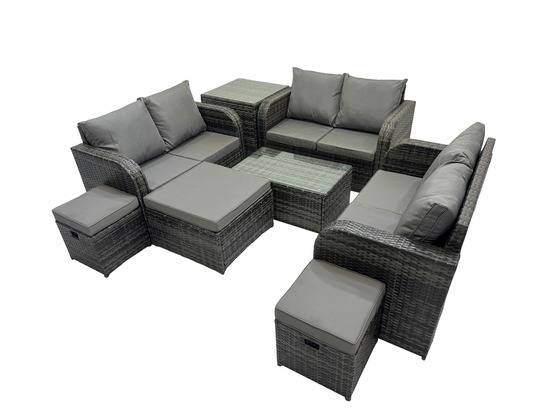 Ensemble de meubles de jardin en polyrotin 9 places avec table basse rectangulaire canapé d'amour 3 tabourets table d'appoint