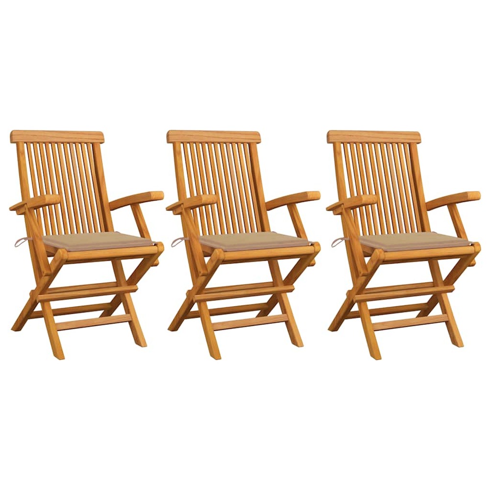 Chaises de jardin avec coussins beige lot de 3 bois teck massif