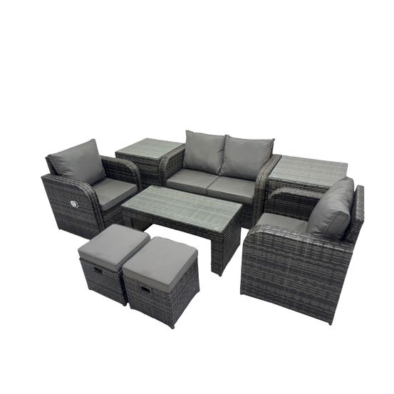 Salon de jardin avec chaise inclinable table basse 2 tables d'appoint 2 petits tabourets gris foncé mixte